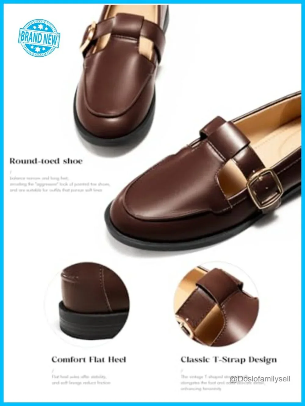 Womens T-Strap Loafers Faux Leather Closed Round Toe Comfort Flat Work Dress